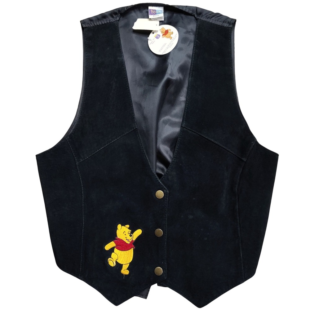 Pooh Disney Suede Vest Womens S/M Black NWT Embroidered Leather Snap Cinch